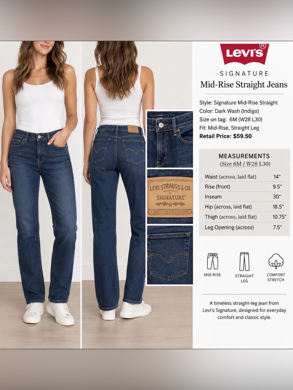 Signature by Levi Strauss Women’s Mid-Rise Straight Jeans Dark Wash Blue, Size 6